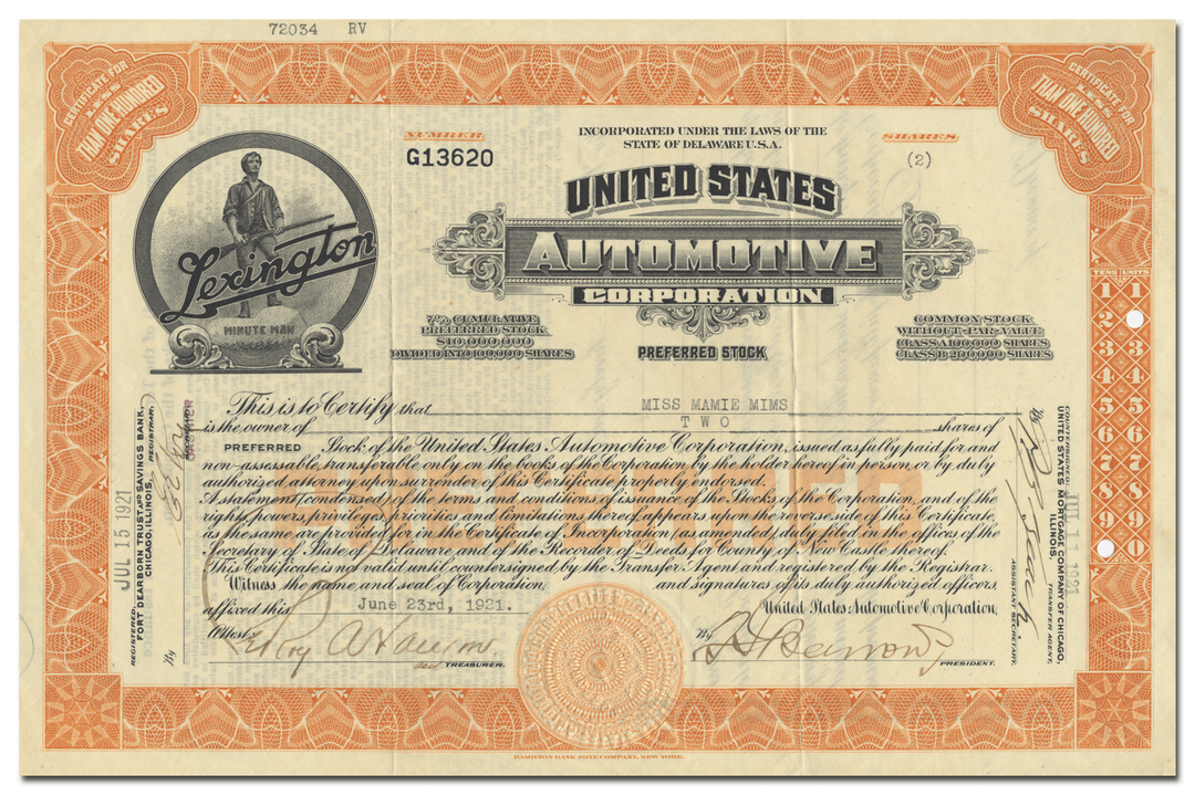 United States Automotive Corporation Stock Certificate