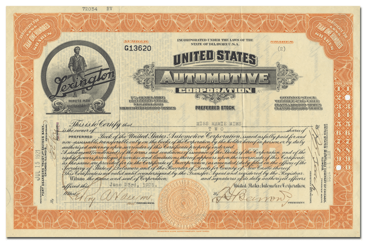 United States Automotive Corporation Stock Certificate