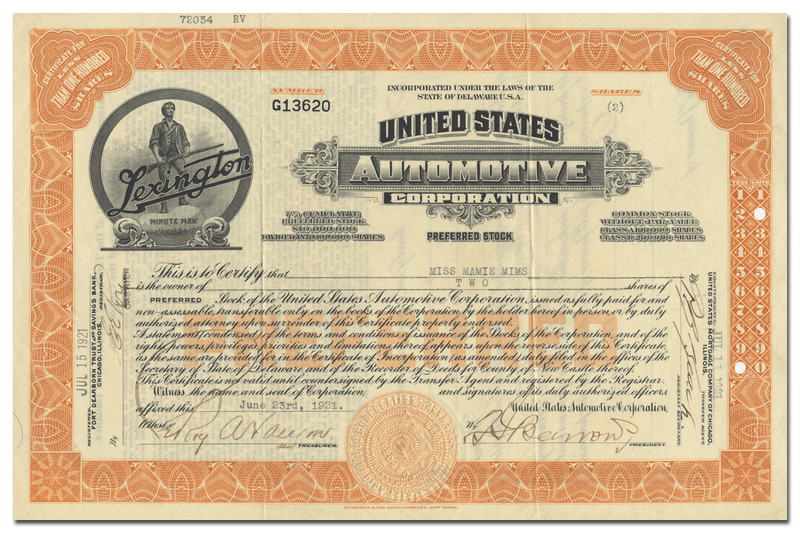 United States Automotive Corporation Stock Certificate