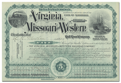 Virginia, Missouri and Western Rail Road Company Stock Certificate
