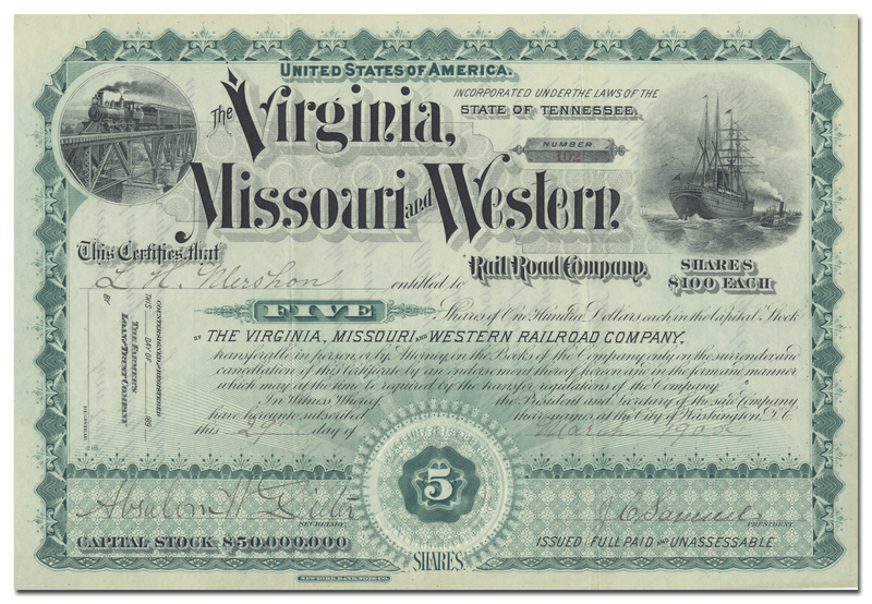 Virginia, Missouri and Western Rail Road Company Stock Certificate