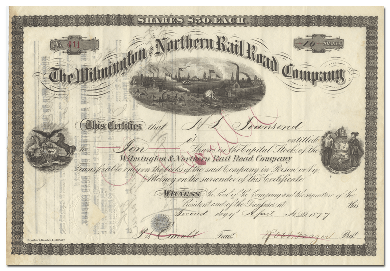 Wilmington and Northern Rail Road Company Stock Certificate 