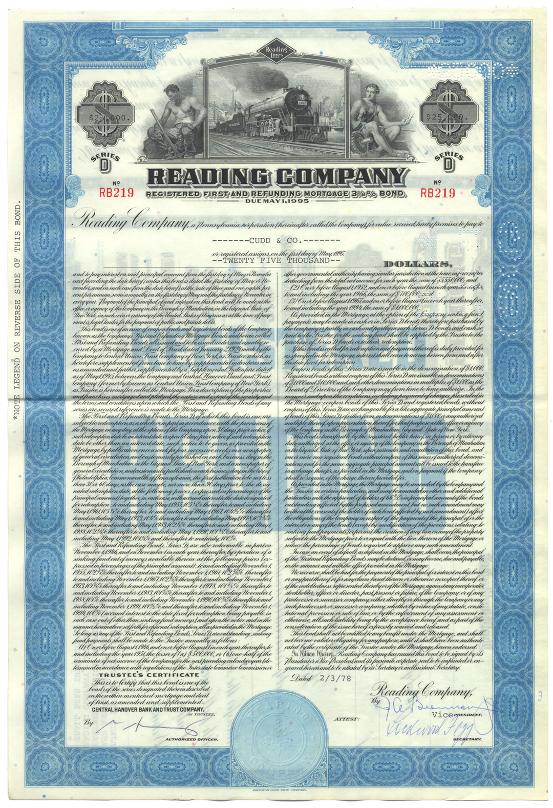 Reading Company Bond Certificate