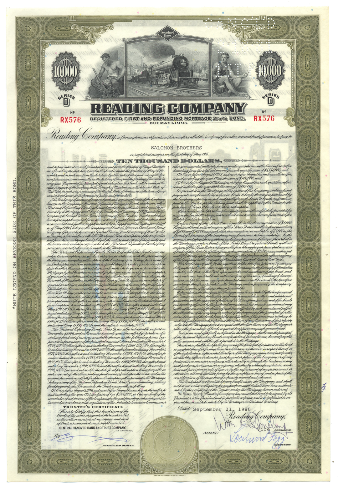 Reading Company Bond Certificate