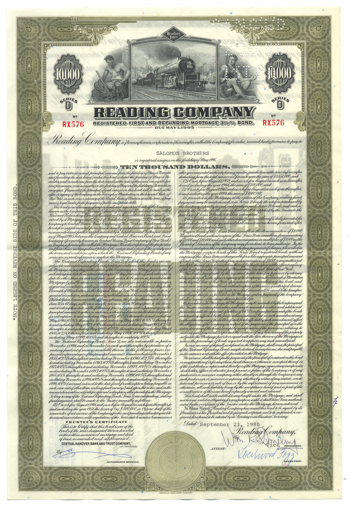 Reading Company Bond Certificate