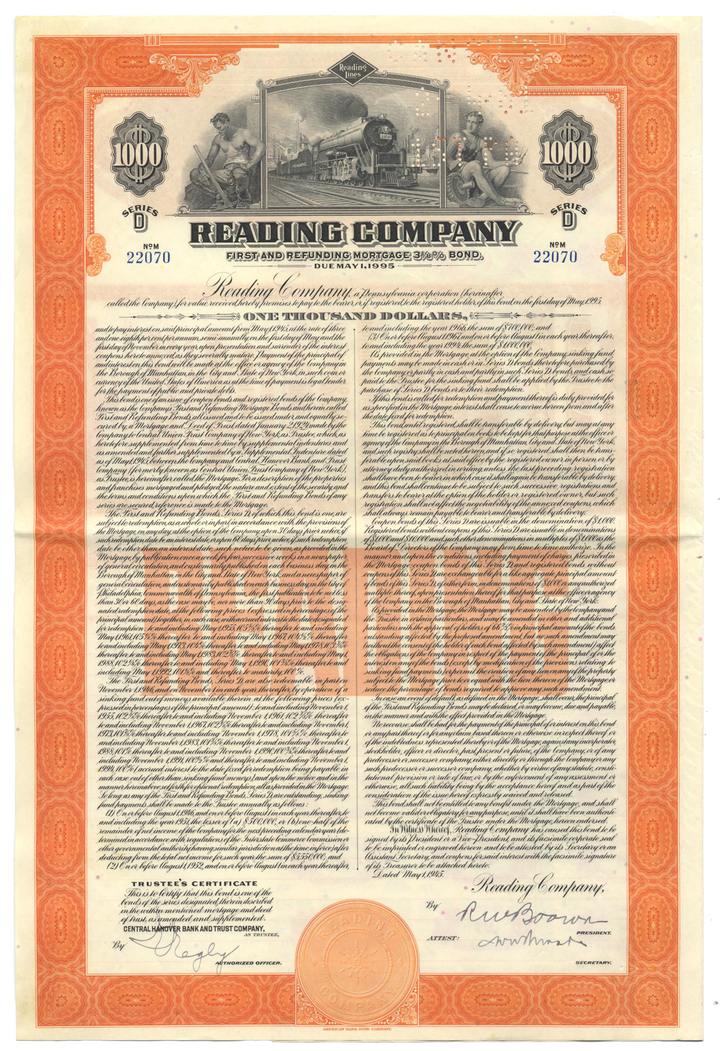 Reading Company Bond Certificate