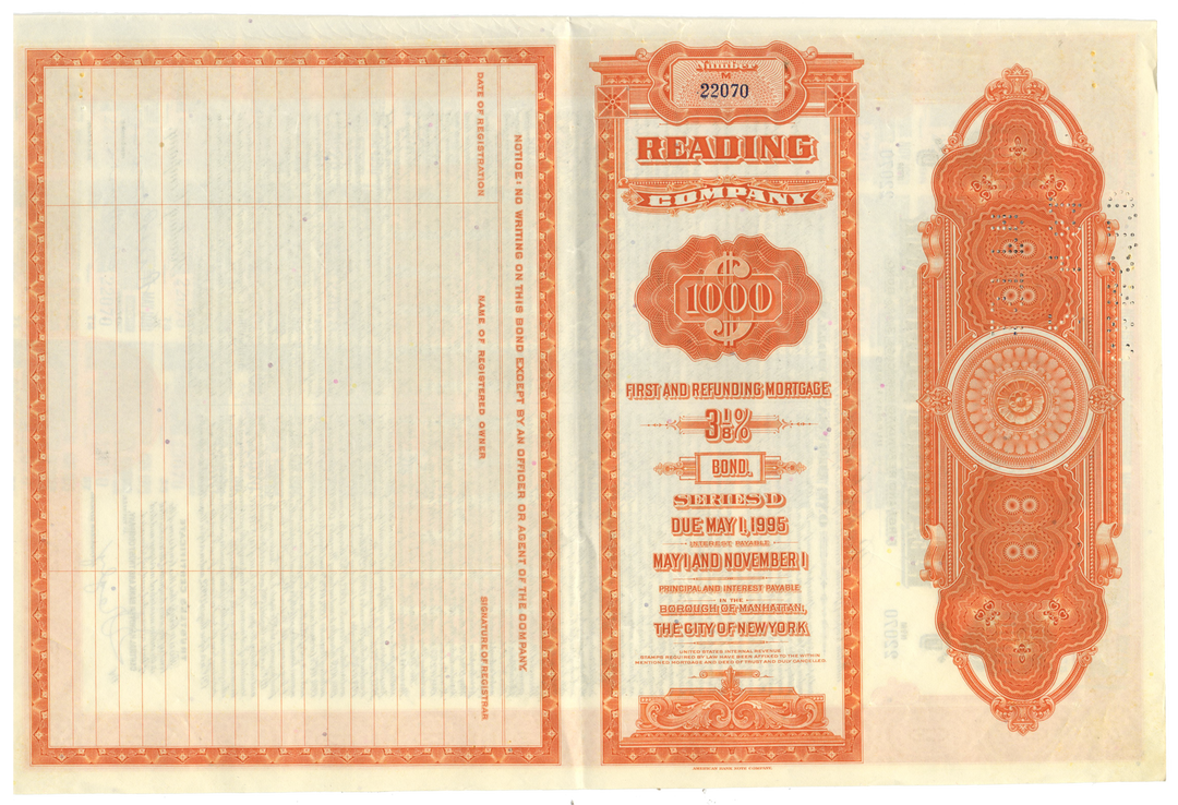 Reading Company Bond Certificate