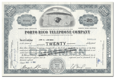 Porto Rico Telephone Company Stock Certificate