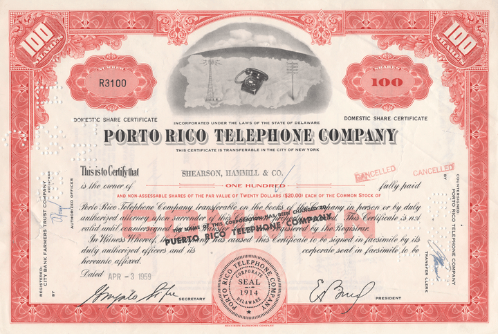 Porto Rico Telephone Company Stock Certificate