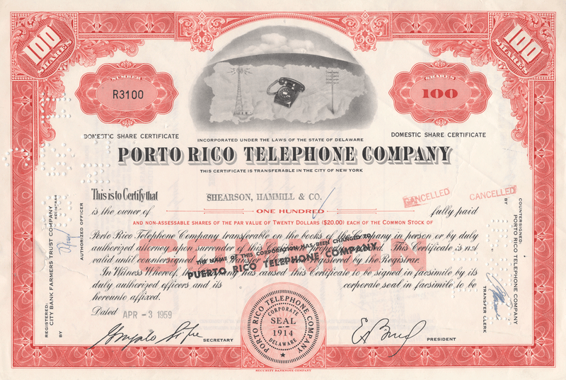 Porto Rico Telephone Company Stock Certificate