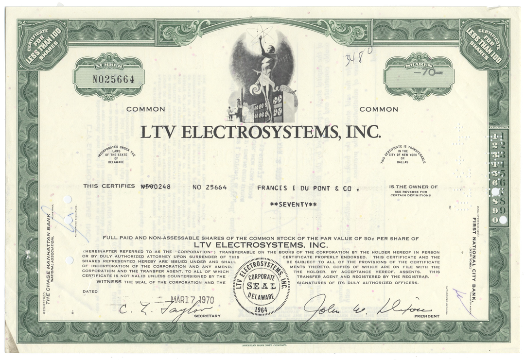 LTV Electrosystems, Inc. Stock Certificate