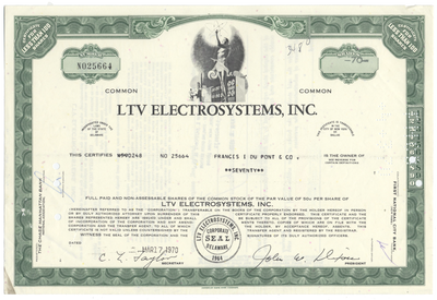 LTV Electrosystems, Inc. Stock Certificate