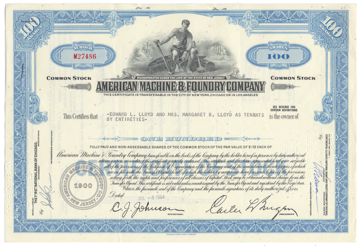 American Machine & Foundry Company Stock Certificate