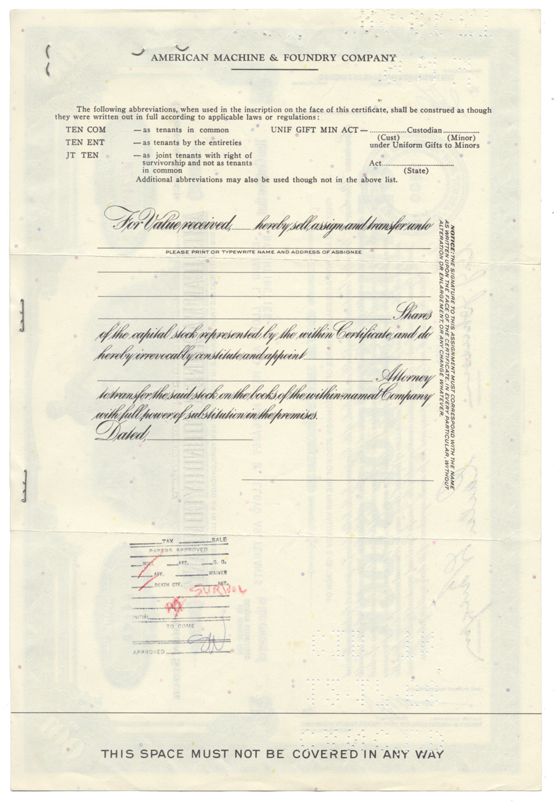 American Machine & Foundry Company Stock Certificate