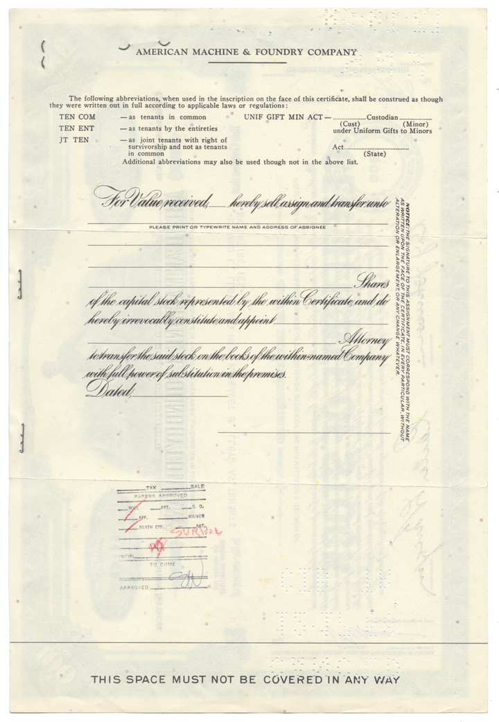 American Machine & Foundry Company Stock Certificate