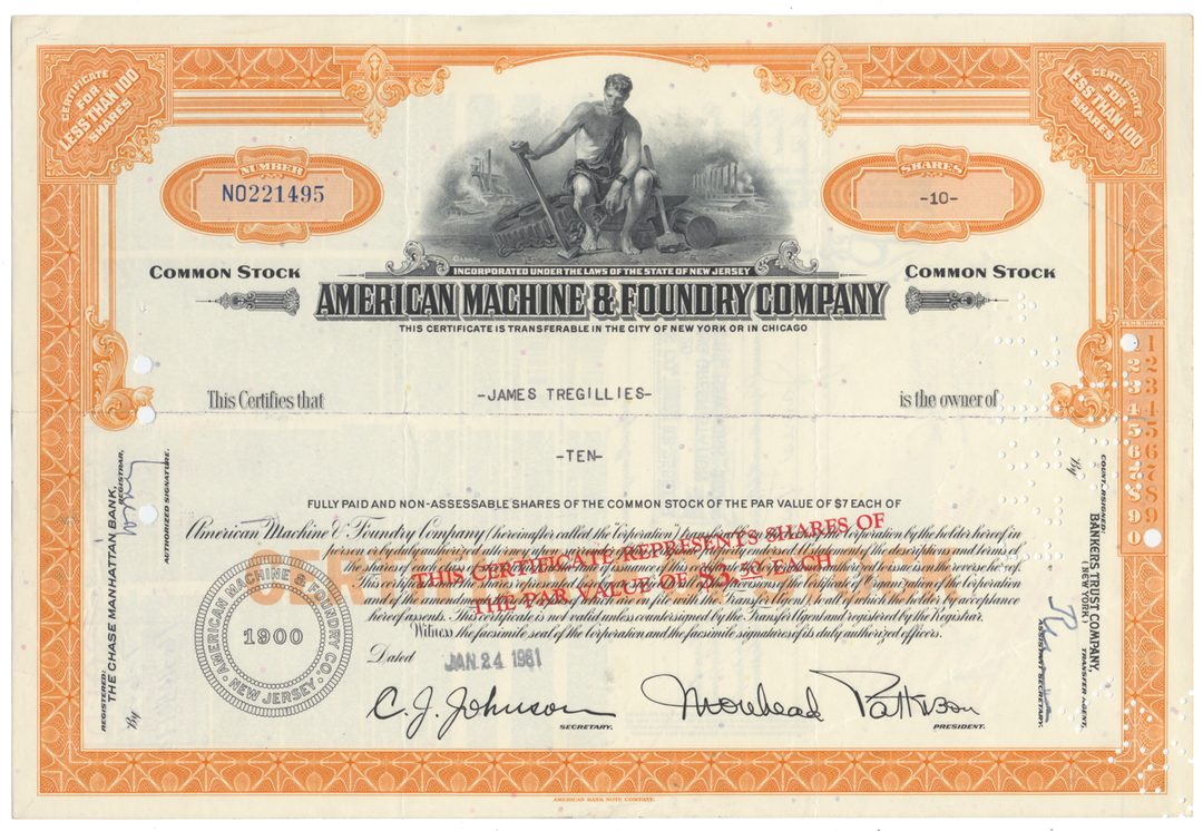 American Machine & Foundry Company Stock Certificate