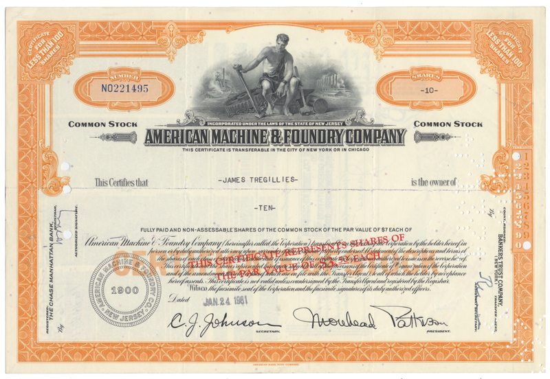 American Machine & Foundry Company Stock Certificate