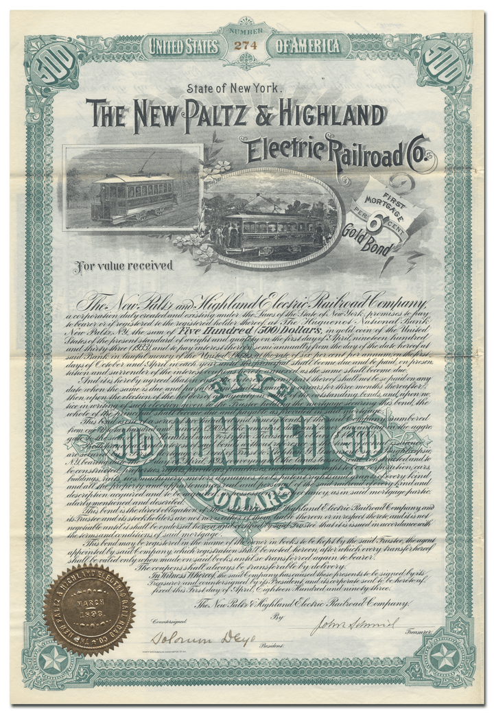 New Paltz & Highland Electric Railroad Company Bond Certificate