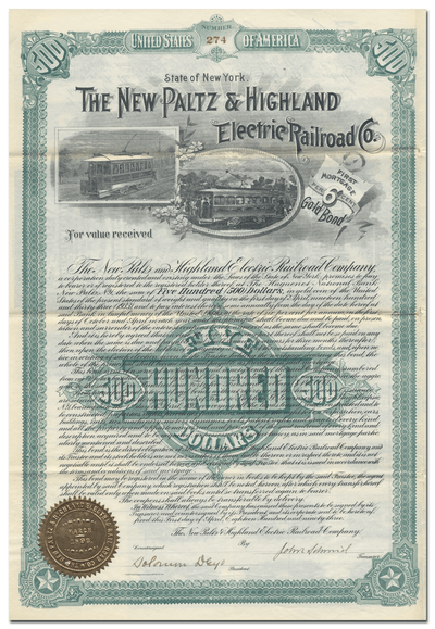 New Paltz & Highland Electric Railroad Company Bond Certificate