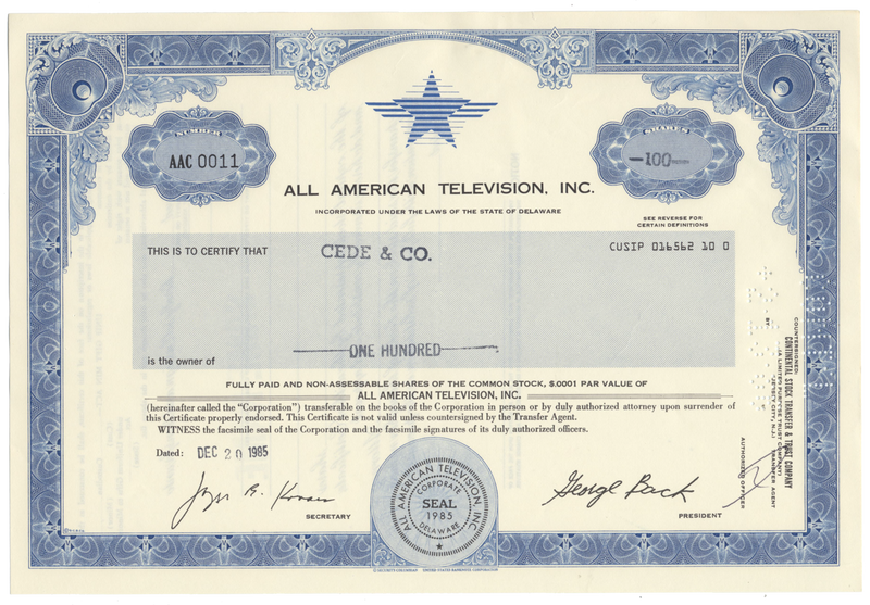 All American Television, Inc. Stock Certificate