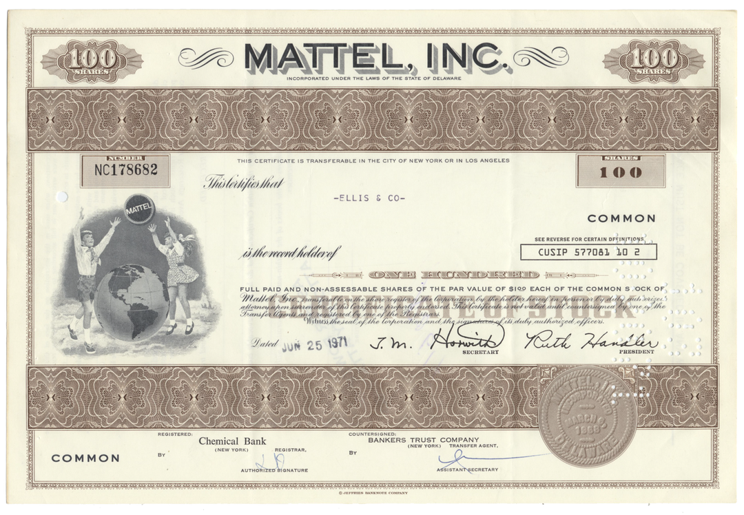 Mattel, Inc. Stock Certificate