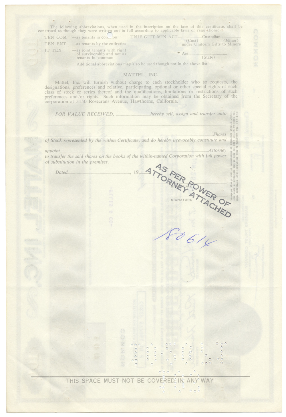 Mattel, Inc. Stock Certificate