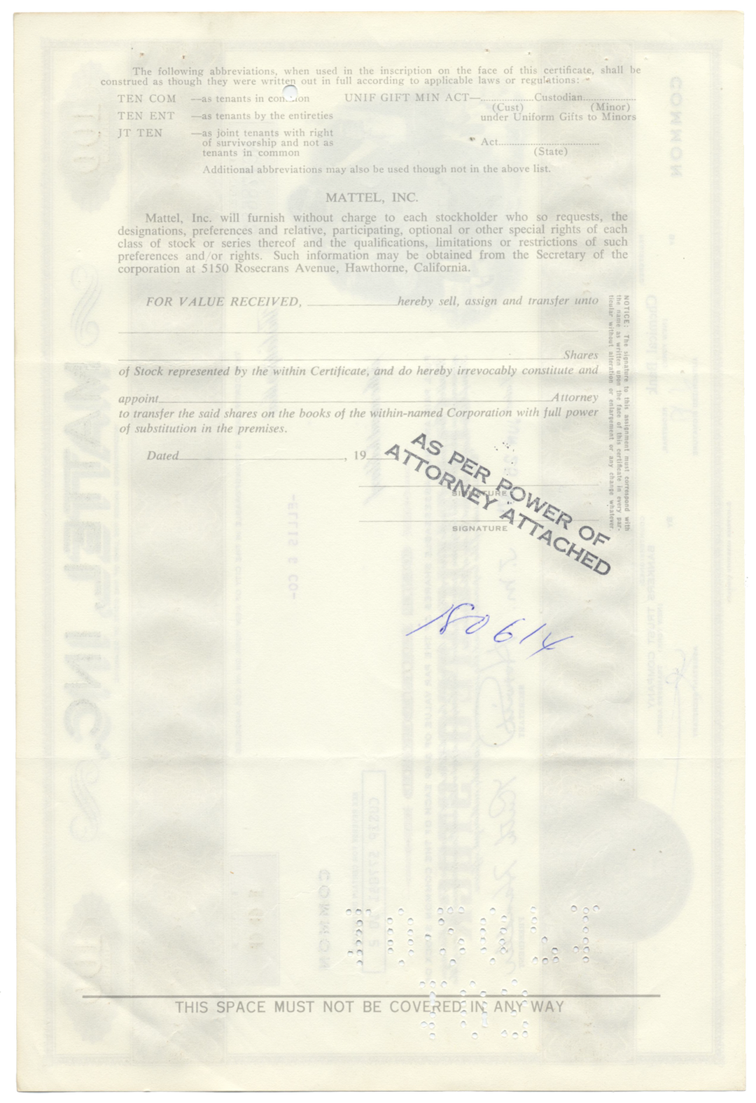 Mattel, Inc. Stock Certificate