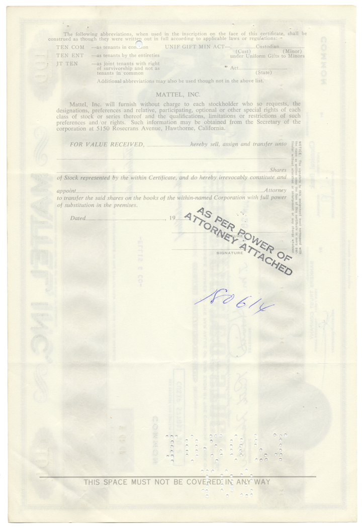 Mattel, Inc. Stock Certificate