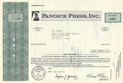 Pandick Press, Inc. Stock Certificate