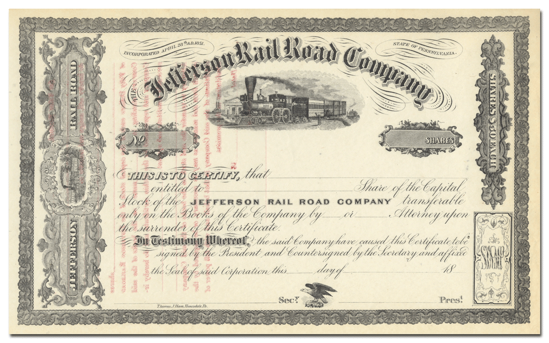 Jefferson Rail Road Company Stock Certificate