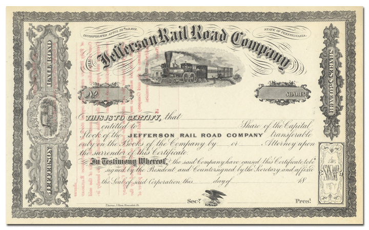 Jefferson Rail Road Company Stock Certificate