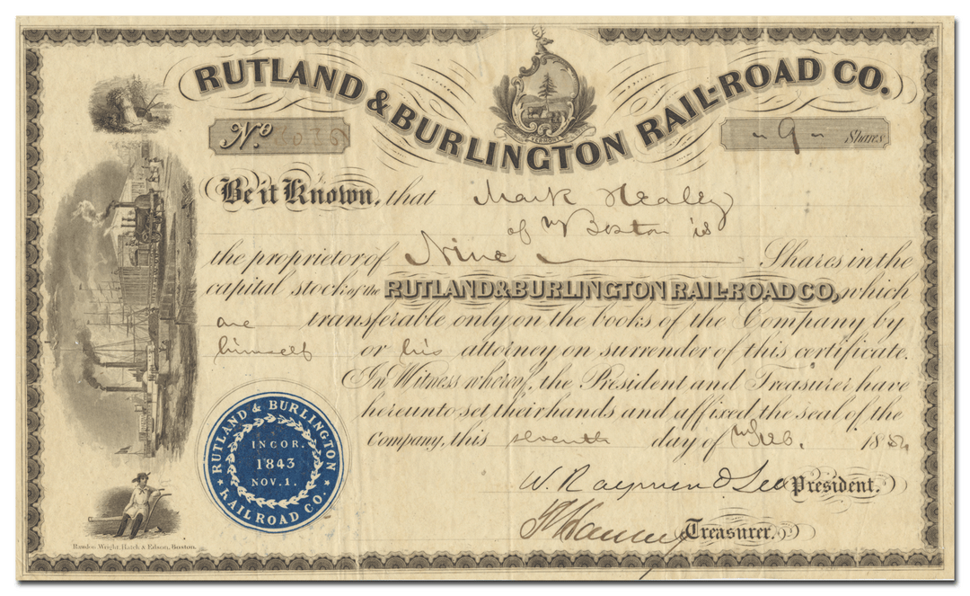 Rutland & Burlington Rail-Road Company Stock Certificate