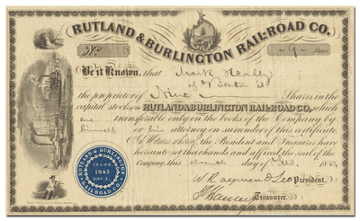 Rutland & Burlington Rail-Road Company Stock Certificate