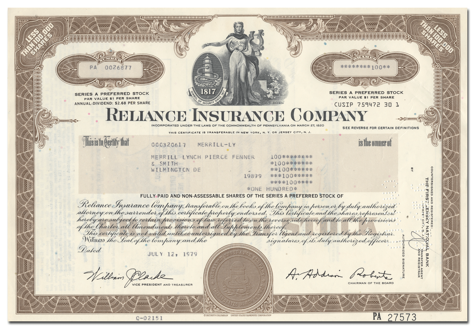 Reliance Insurance Company Stock Certificate