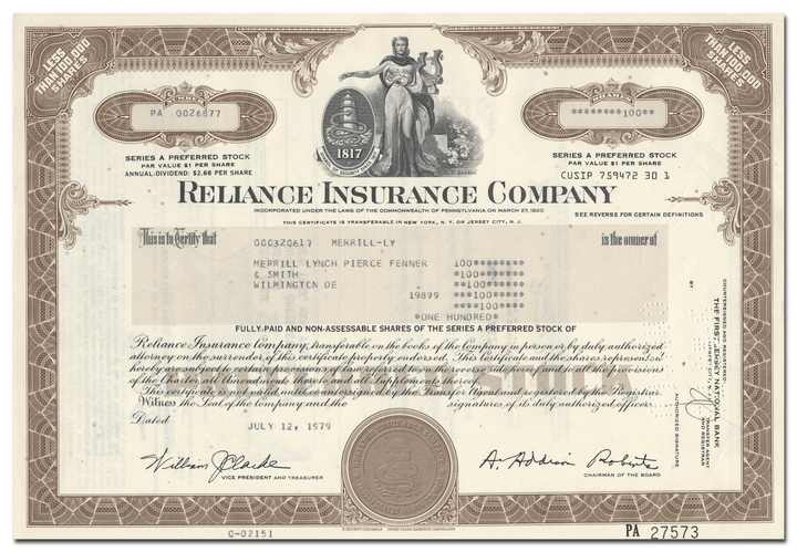 Reliance Insurance Company Stock Certificate