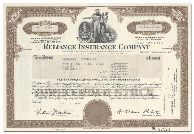 Reliance Insurance Company Stock Certificate