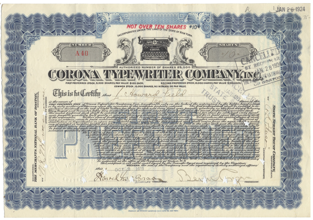 Corona Typewriter Company, Inc. Stock Certificate