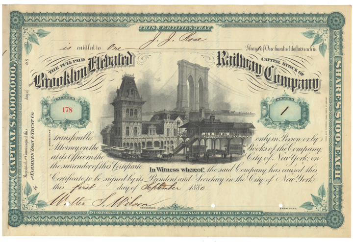 Brooklyn Elevated Railway Company Stock Certificate