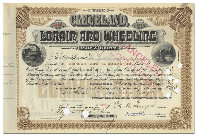 Cleveland, Lorain and Wheeling Railway Company Stock Certificate