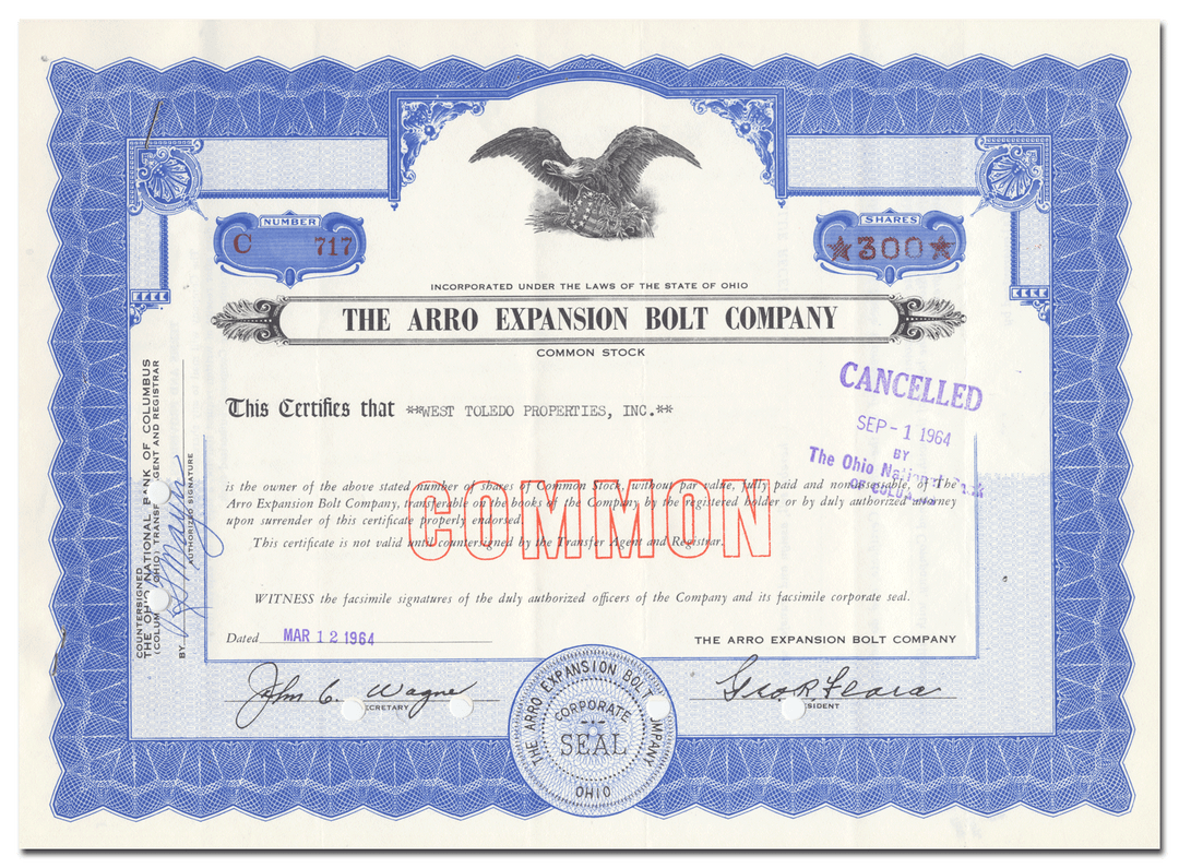 Arro Expansion Bolt Company Stock Certificate