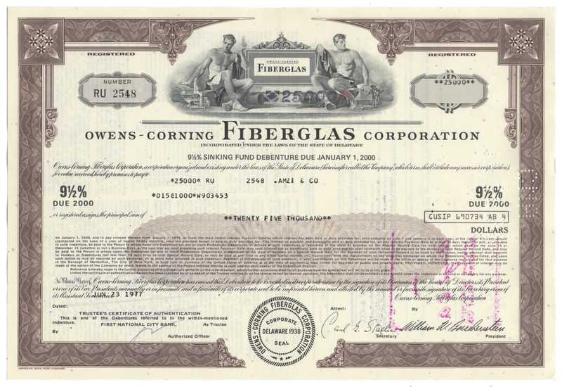 Owens-Corning Fiberglas Corporation Bond Certificate