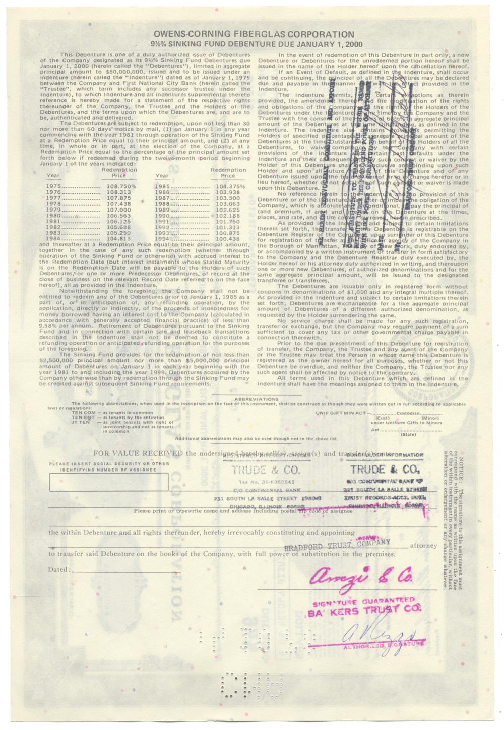 Owens-Corning Fiberglas Corporation Bond Certificate