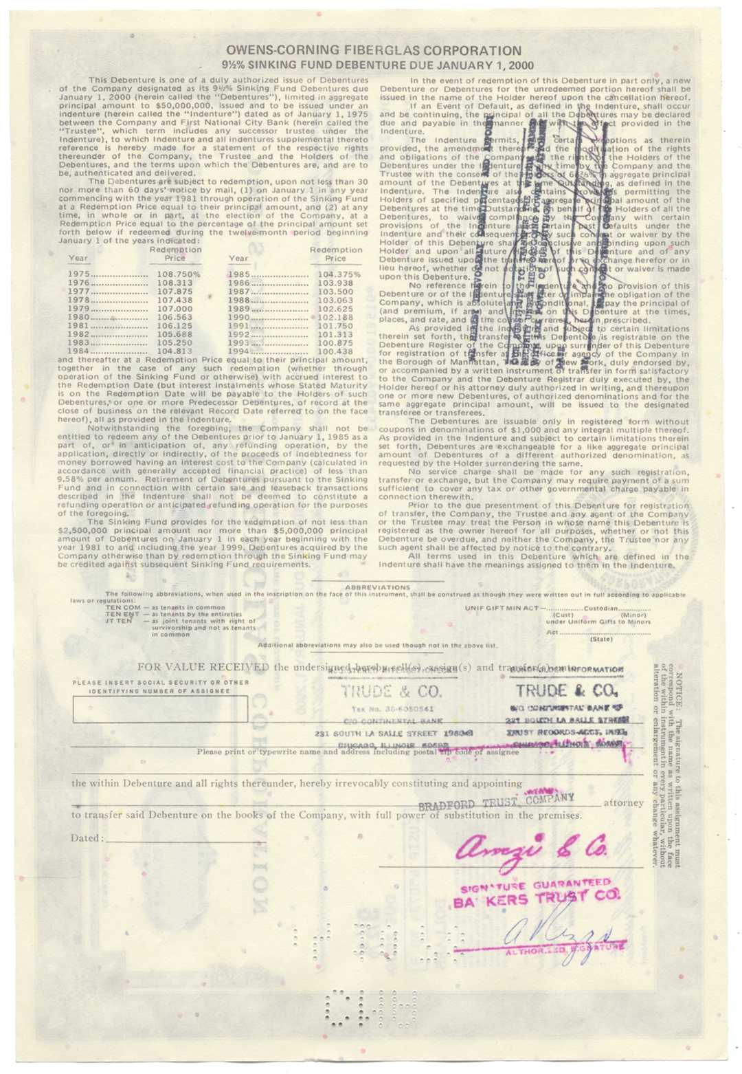 Owens-Corning Fiberglas Corporation Bond Certificate