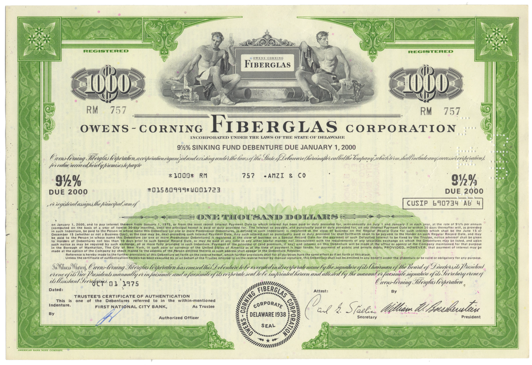 Owens-Corning Fiberglas Corporation Bond Certificate