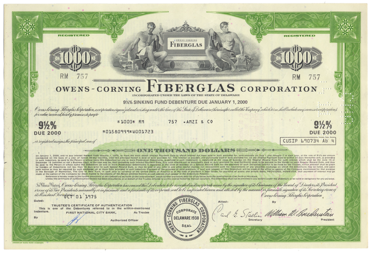 Owens-Corning Fiberglas Corporation Bond Certificate