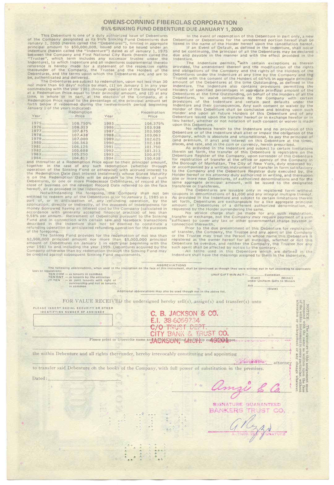 Owens-Corning Fiberglas Corporation Bond Certificate