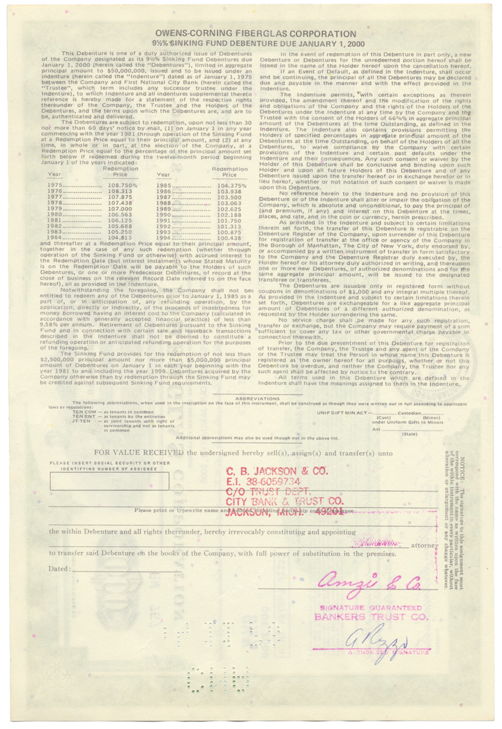 Owens-Corning Fiberglas Corporation Bond Certificate