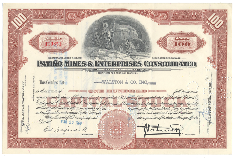 Patino Mines & Enterprises Consolidated Incorporated Stock Certificate