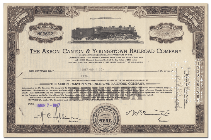 Akron, Canton & Youngstown Railroad Company Stock Certificate