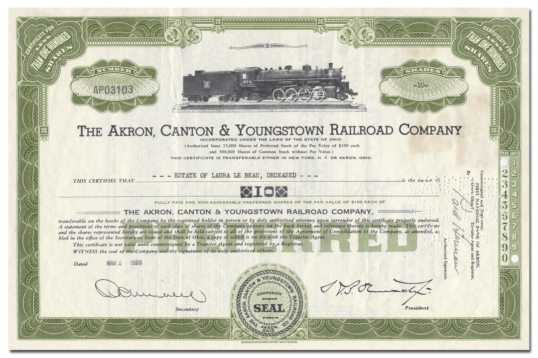 Akron, Canton & Youngstown Railroad Company Stock Certificate